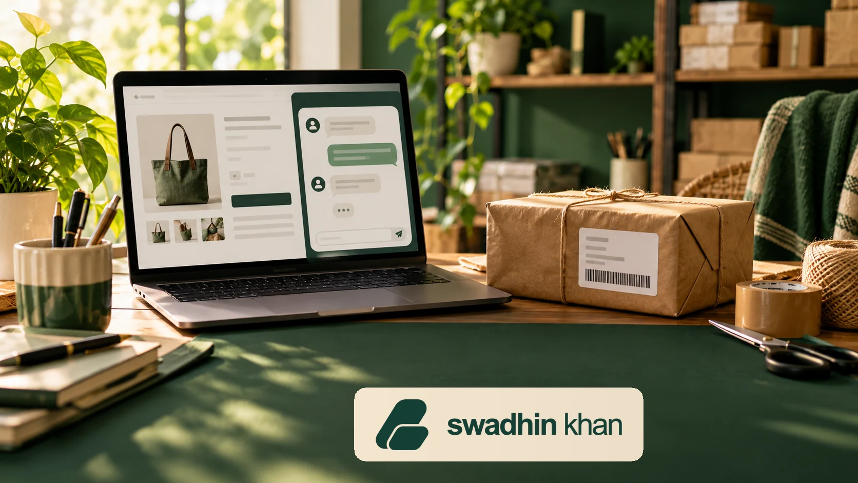 Ecommerce store laptop with live-chat interface and parcel, bearing the official Swadhin Khan logo