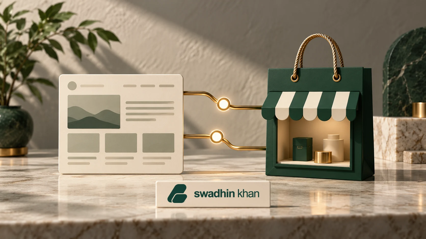 Generic website page and online storefront connected by two integration routes, with the official Swadhin Khan logo