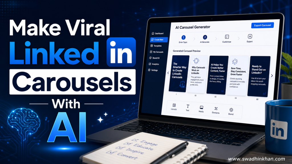Make Viral LinkedIn Carousels With AI title graphic with www.swadhinkhan.com watermark