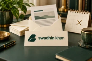 Illustration of email newsletters and a calendar for an Acumbamail deal review, with Swadhin Khan branding