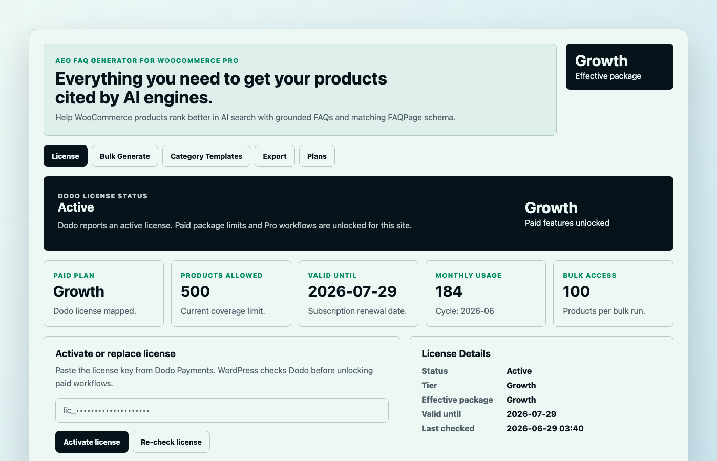 AEO FAQ Generator Pro Console license and subscription dashboard