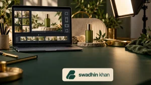 Product video template editing workspace with a sample bottle and the official Swadhin Khan logo