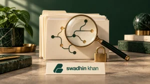 Code repository folders under a magnifying glass and lock with the exact official Swadhin Khan logo