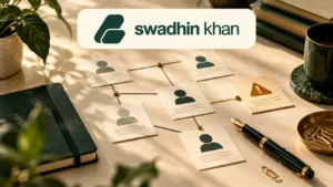 Swadhin Khan branded illustration of B2B prospect cards, human outreach planning and a caution marker
