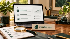 Conceptual AI search and SEO audit workspace with the official Swadhin Khan logo
