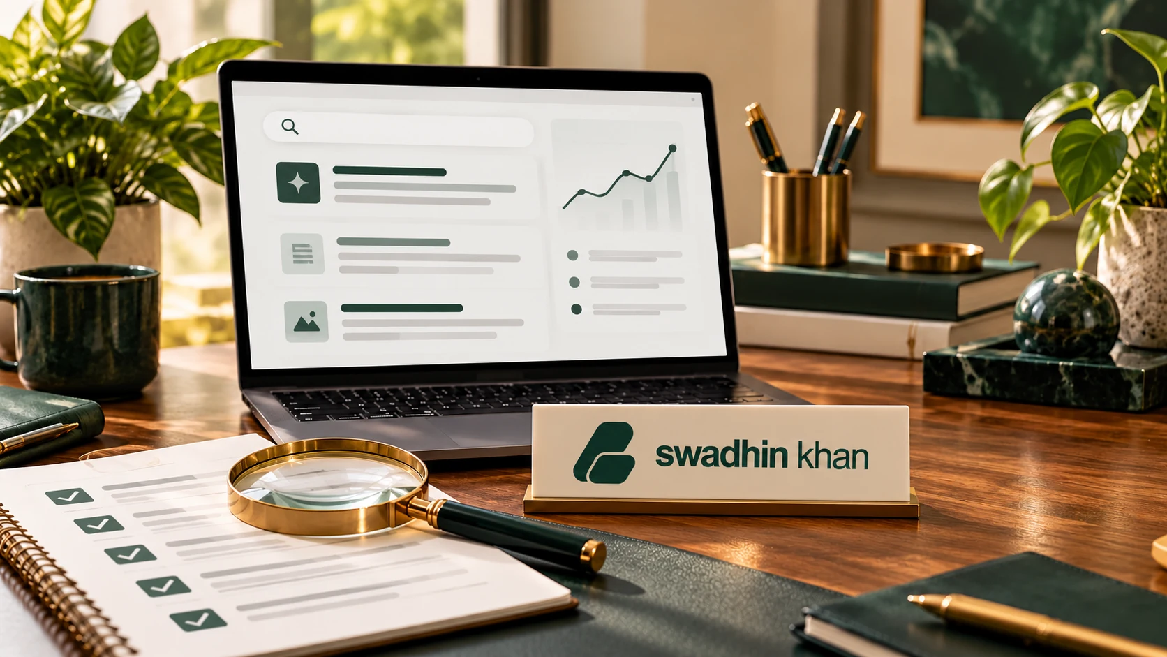 Conceptual AI search and SEO audit workspace with the official Swadhin Khan logo