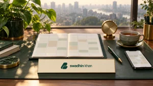 Weekly appointment planner, clock and booking screen on a desk with the exact official Swadhin Khan logo