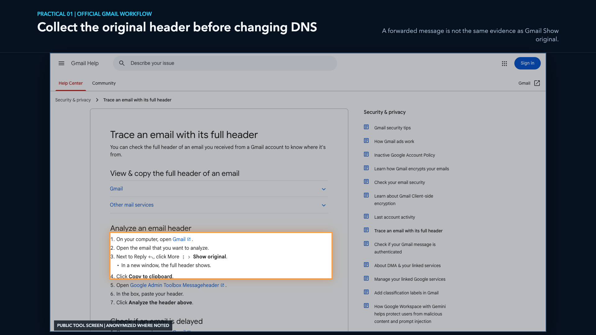 Real Gmail original header workflow shown inside the webinar