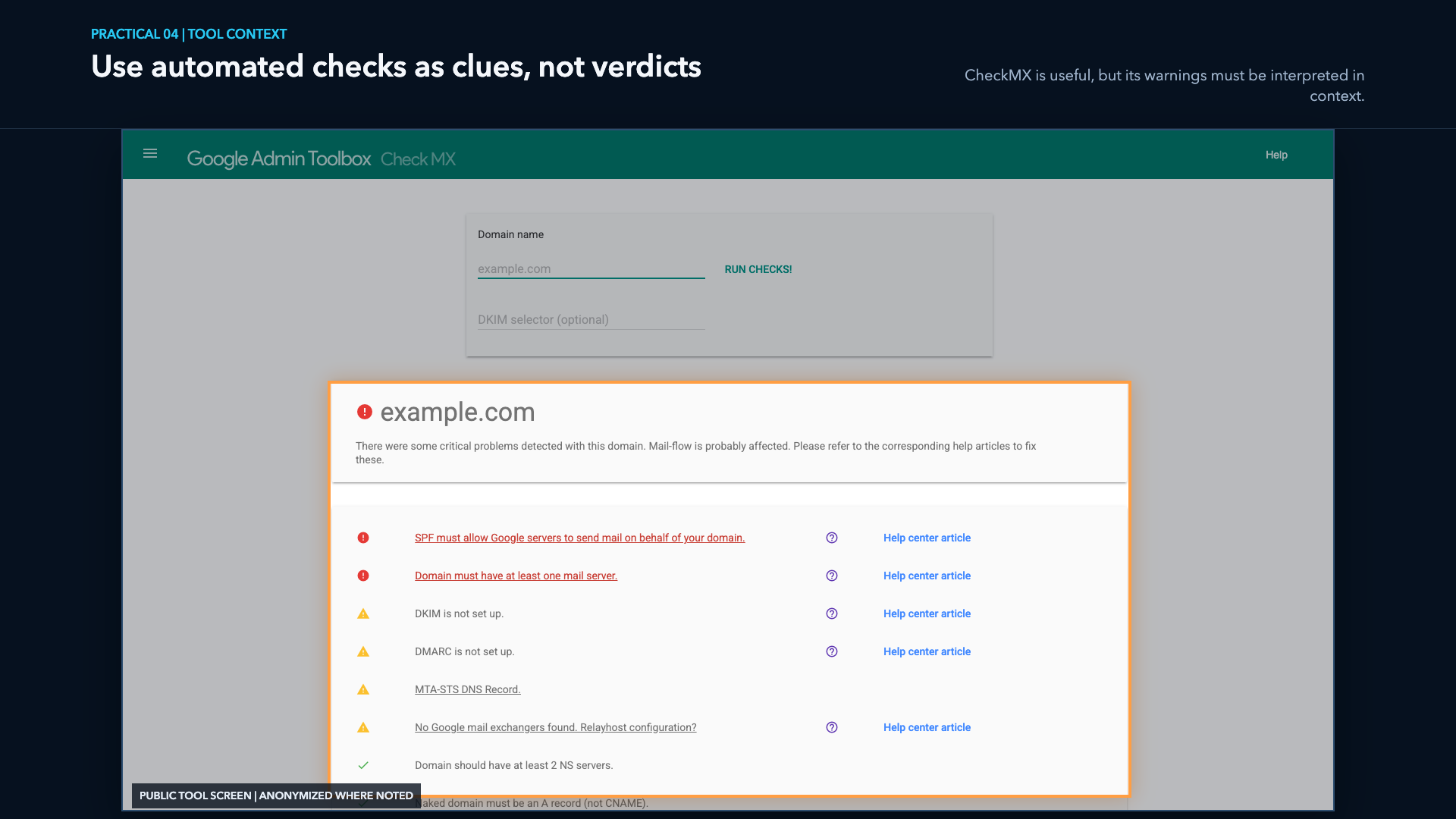 Google CheckMX results used as clues in an email deliverability diagnosis