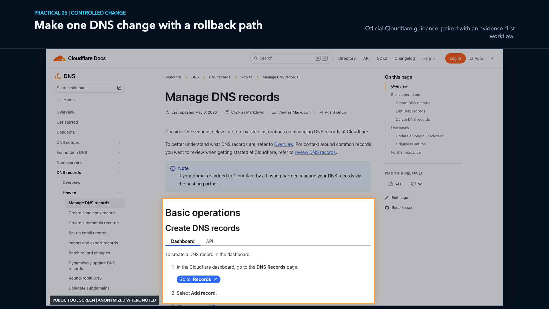 Controlled Cloudflare DNS change and rollback workflow