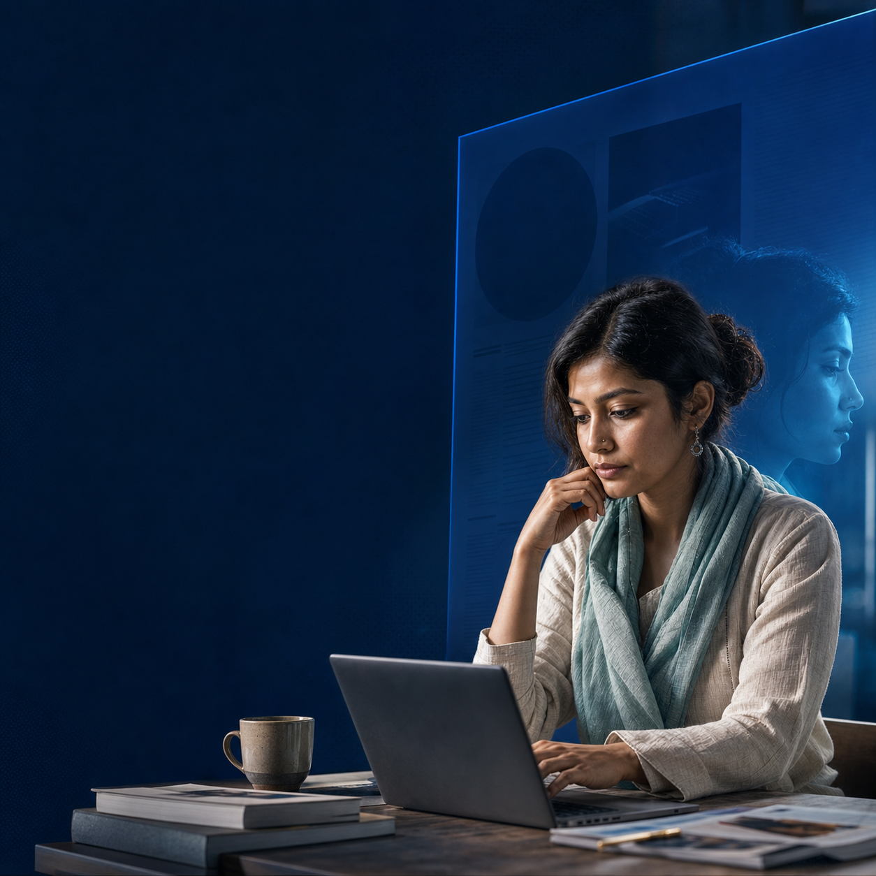 Bangladeshi service business owner reviewing customer enquiries on a laptop