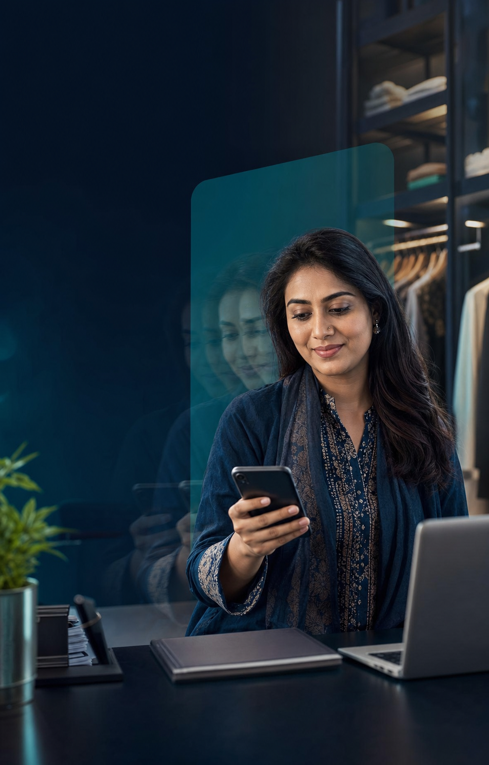 Bangladeshi woman business owner checking a customer enquiry