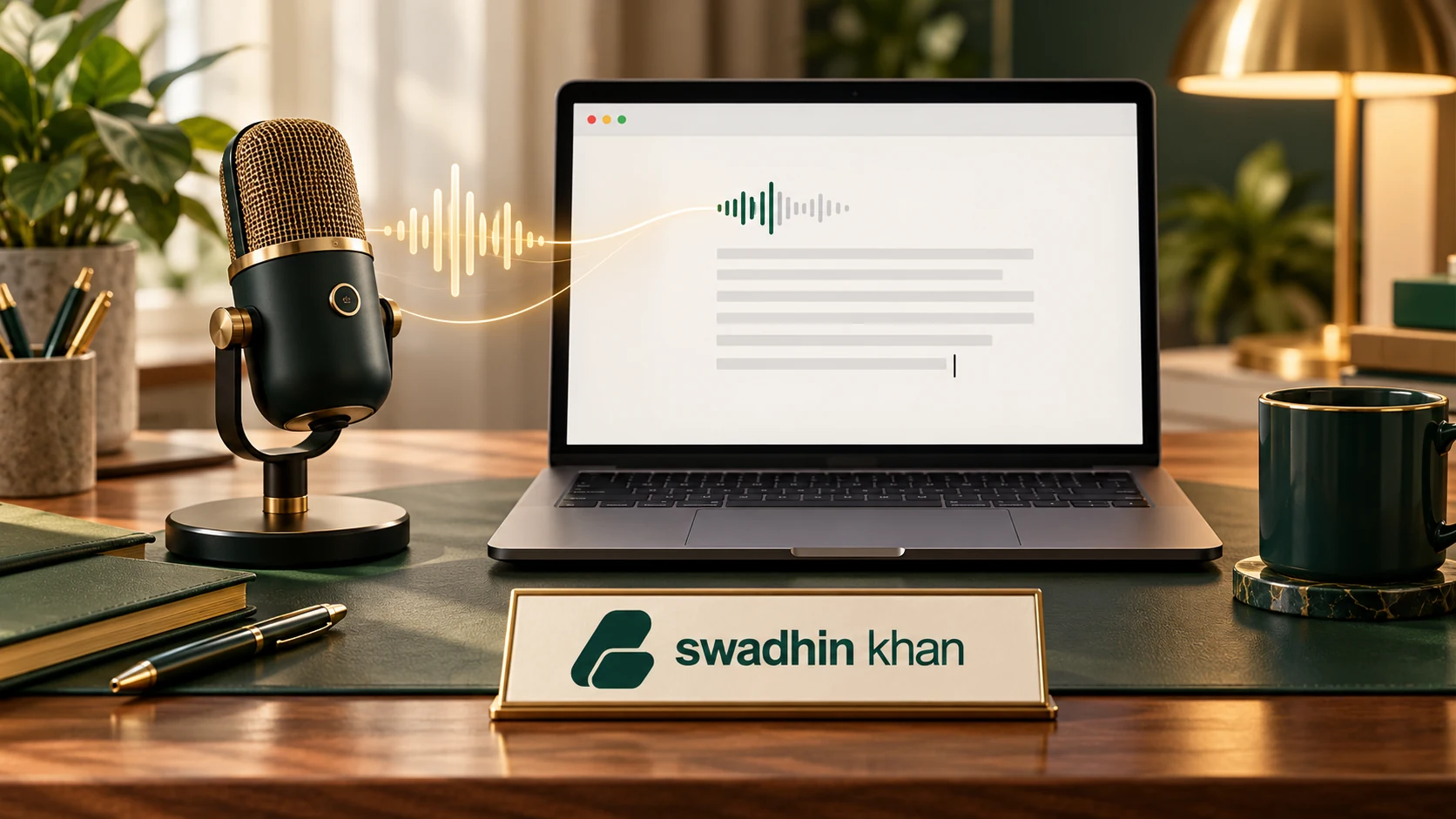 Illustration of voice dictation from microphone to text on laptop, with the official Swadhin Khan logo