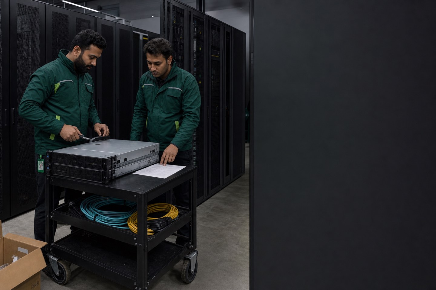 Two CoLoCity engineers preparing a rack-mounted server for a deployment