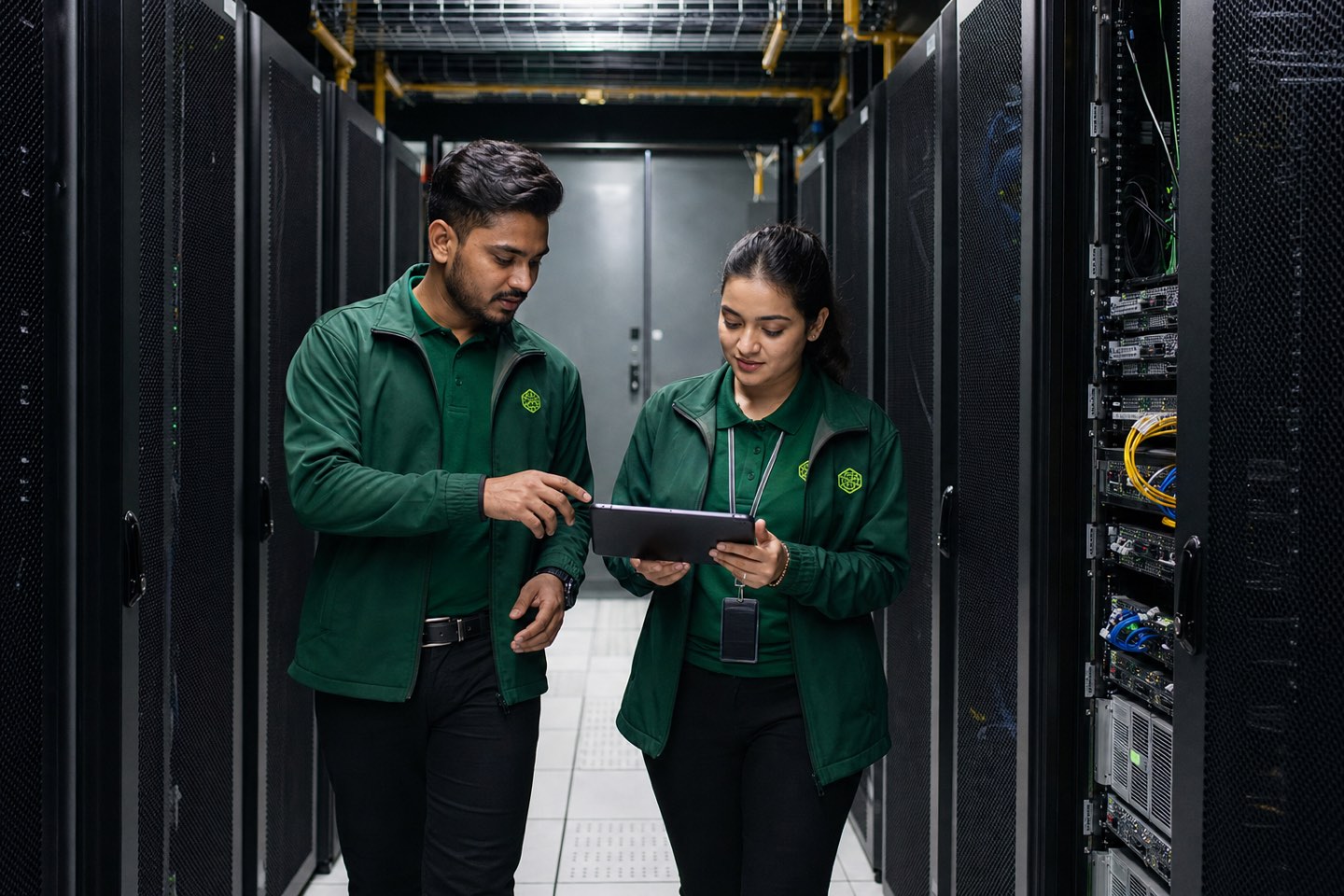 Two CoLoCity operations engineers reviewing a tablet between data-center server racks