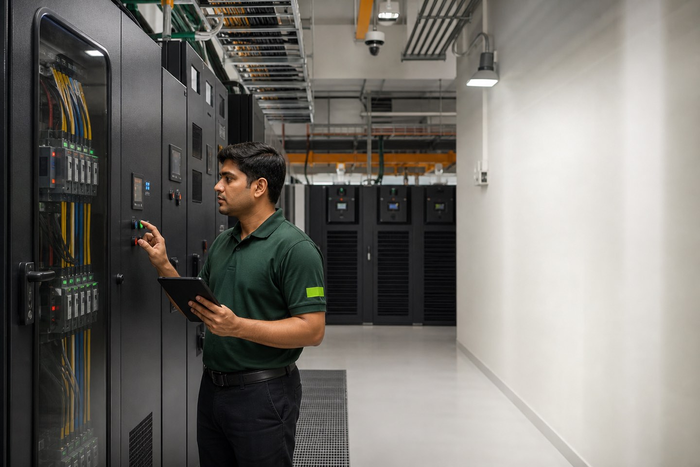 A CoLoCity facilities engineer inspecting power distribution equipment in a data center