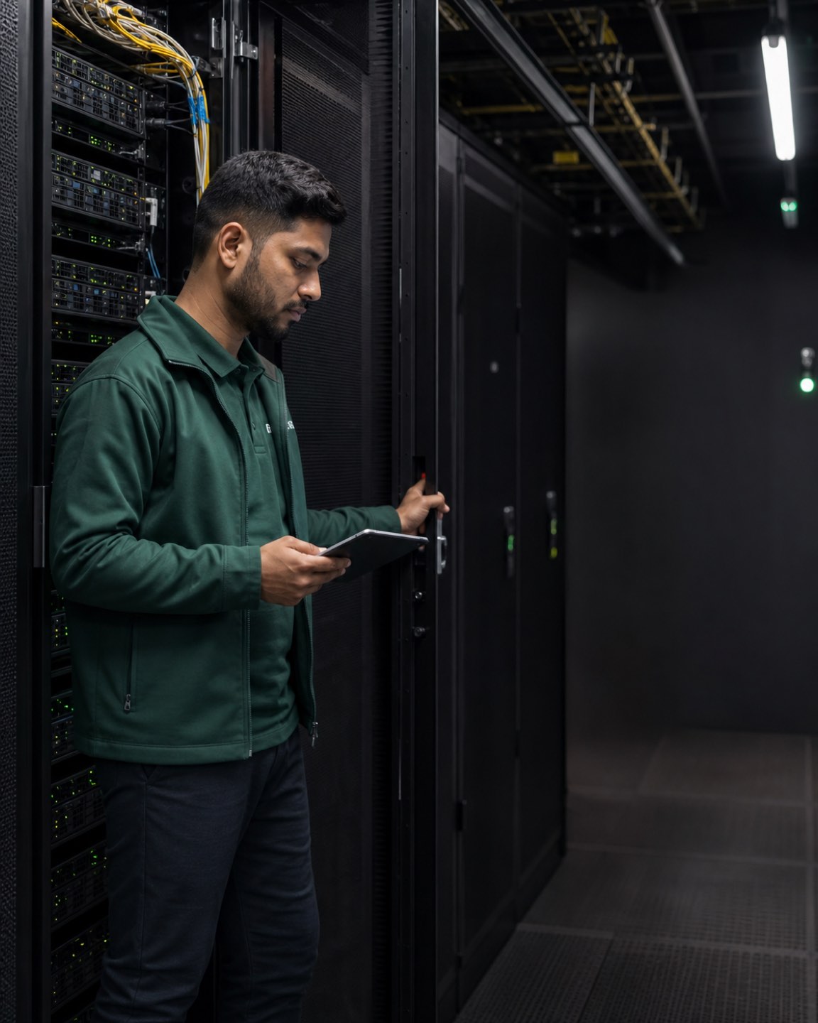 A CoLoCity engineer checking a server rack in a data-center aisle