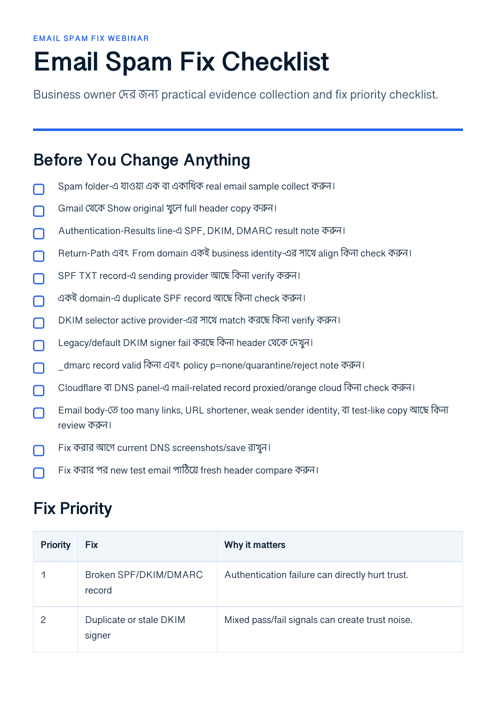 Email Spam Fix Checklist PDF preview
