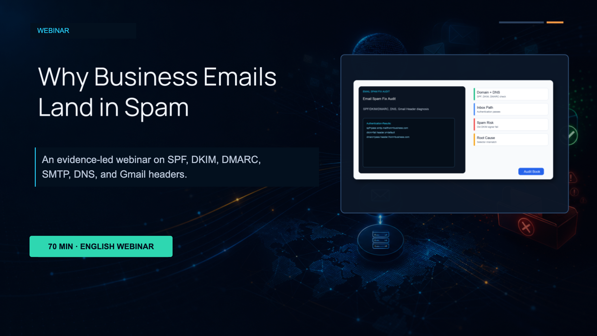 Email Spam Fix Webinar cover explaining why business emails land in spam