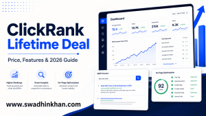 ClickRank lifetime deal 2026 guide cover showing SEO dashboard, rankings, and optimization score