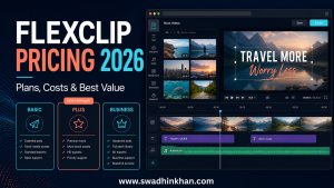 FlexClip pricing 2026 guide showing video editor timeline and plan comparison