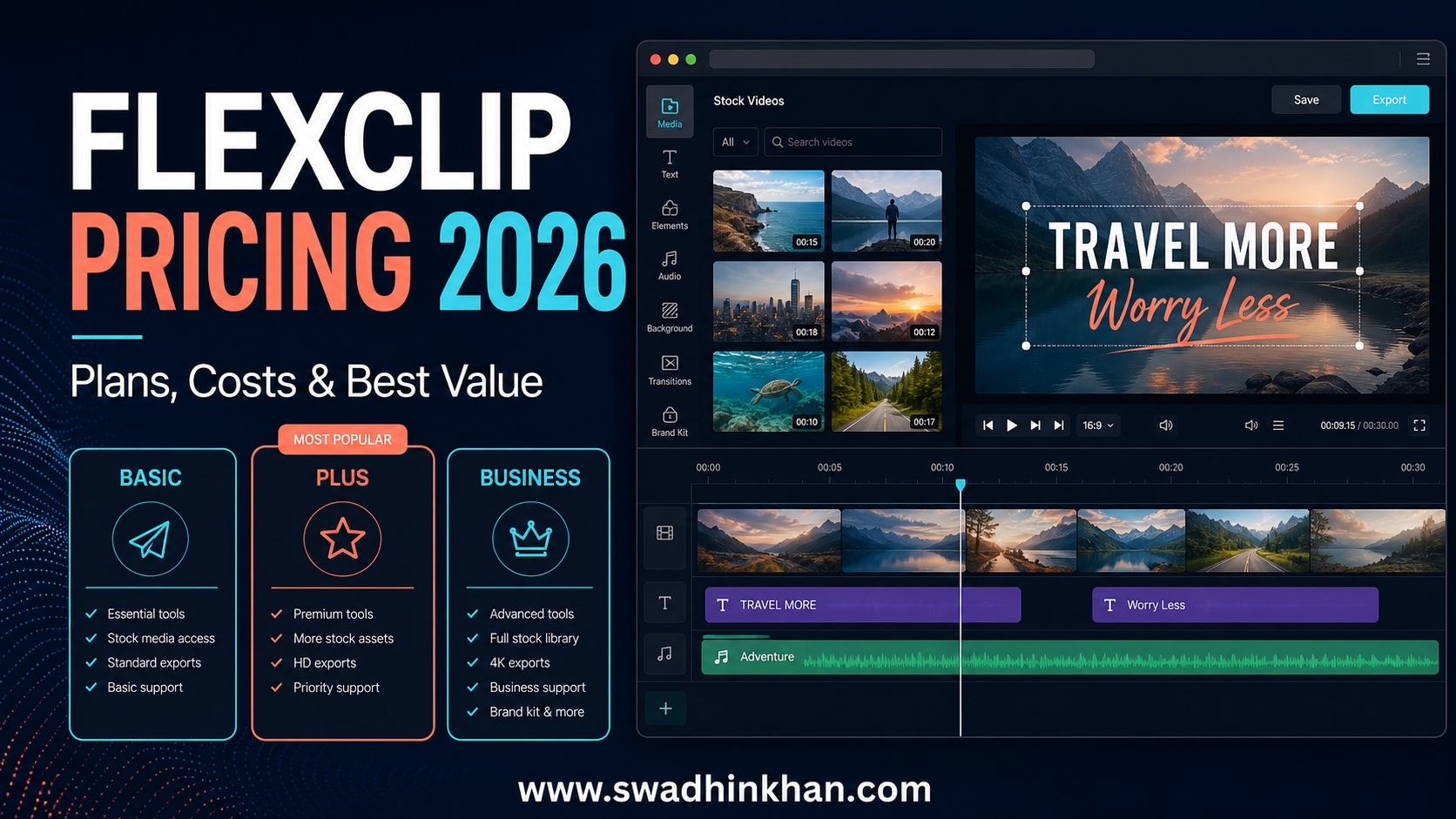 FlexClip pricing 2026 guide showing video editor timeline and plan comparison