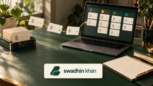 Illustrative contact pipeline and follow-up workspace for a Fluid CRM review, with the official Swadhin Khan logo