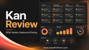 Kan review cover showing kanban boards, project tasks, priorities, and team workflow