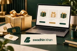 Illustration of giveaway prizes and entry cards for a KingSumo plan comparison, with Swadhin Khan branding