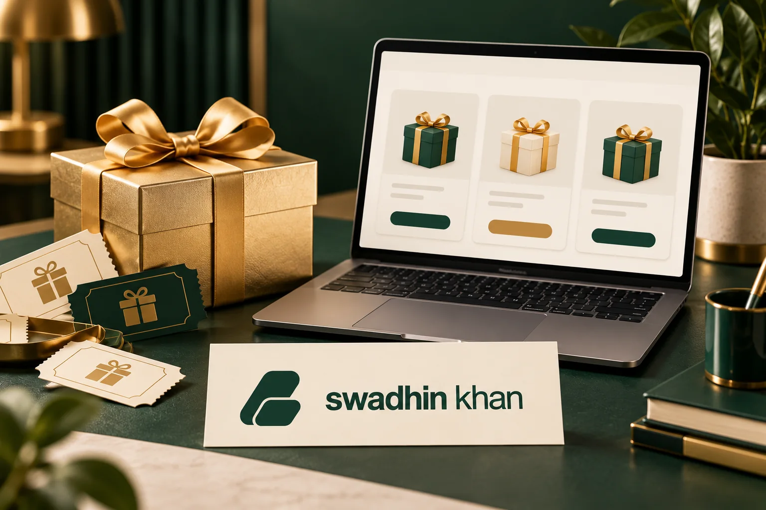 Illustration of giveaway prizes and entry cards for a KingSumo plan comparison, with Swadhin Khan branding