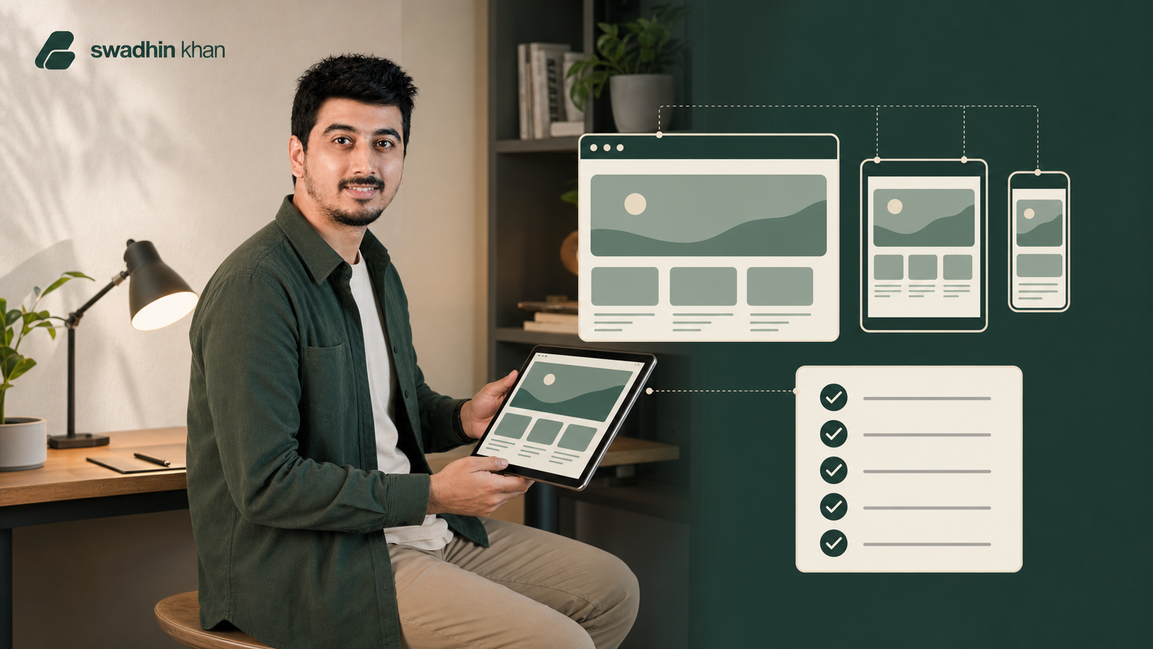 Swadhin Khan reviewing responsive website layouts and a staging checklist before a WordPress rollout