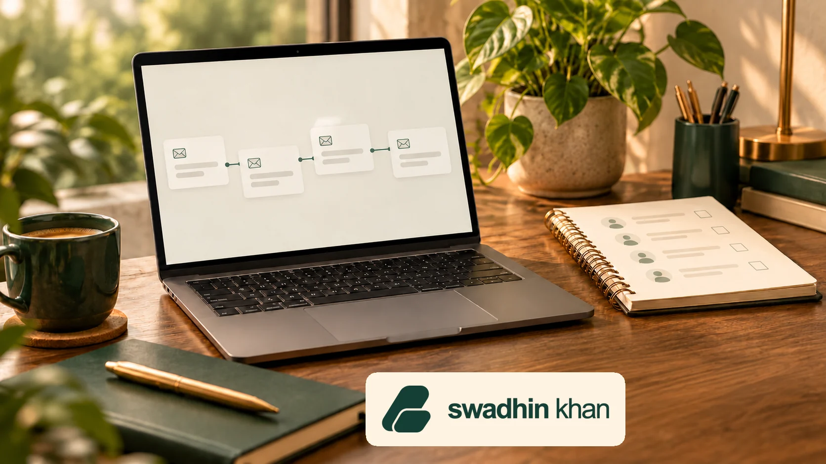 Editorial cold-email sequence workflow on a laptop, with the official Swadhin Khan logo