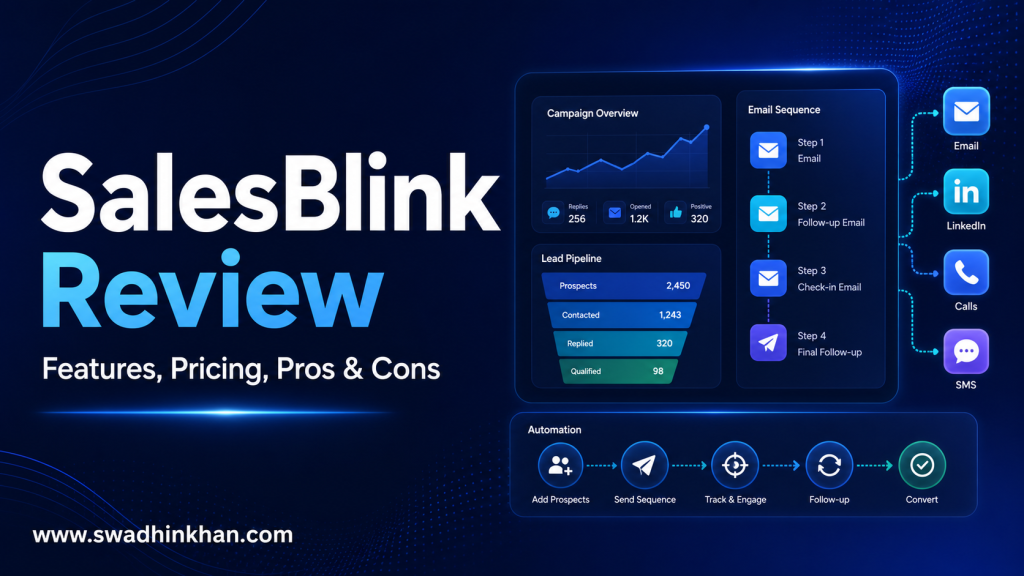 SalesBlink review cover showing multichannel sales outreach and email automation workflows
