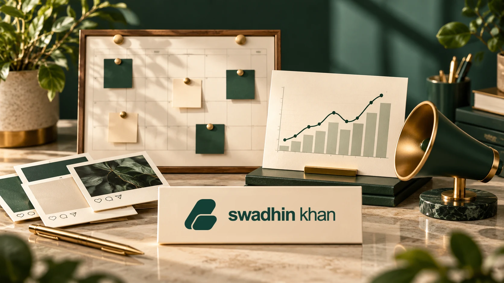 Original content planning, analytics and campaign desk scene with the official Swadhin Khan logo