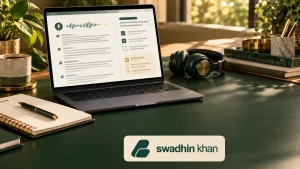 Meeting transcript and action-item workspace on a laptop with the official Swadhin Khan logo