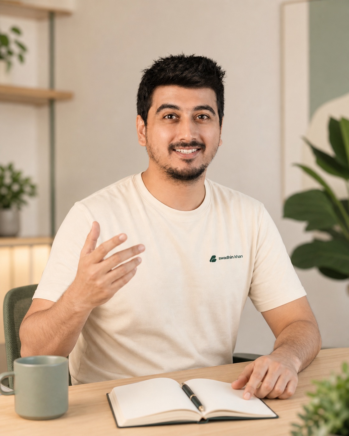 Swadhin Khan sharing an idea at his desk