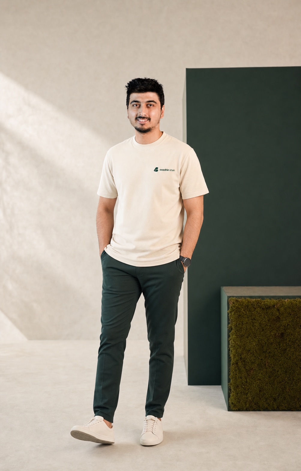 Official Swadhin Khan logo-সহ cream T-shirt পরা Swadhin Khan-এর full-body personal brand portrait
