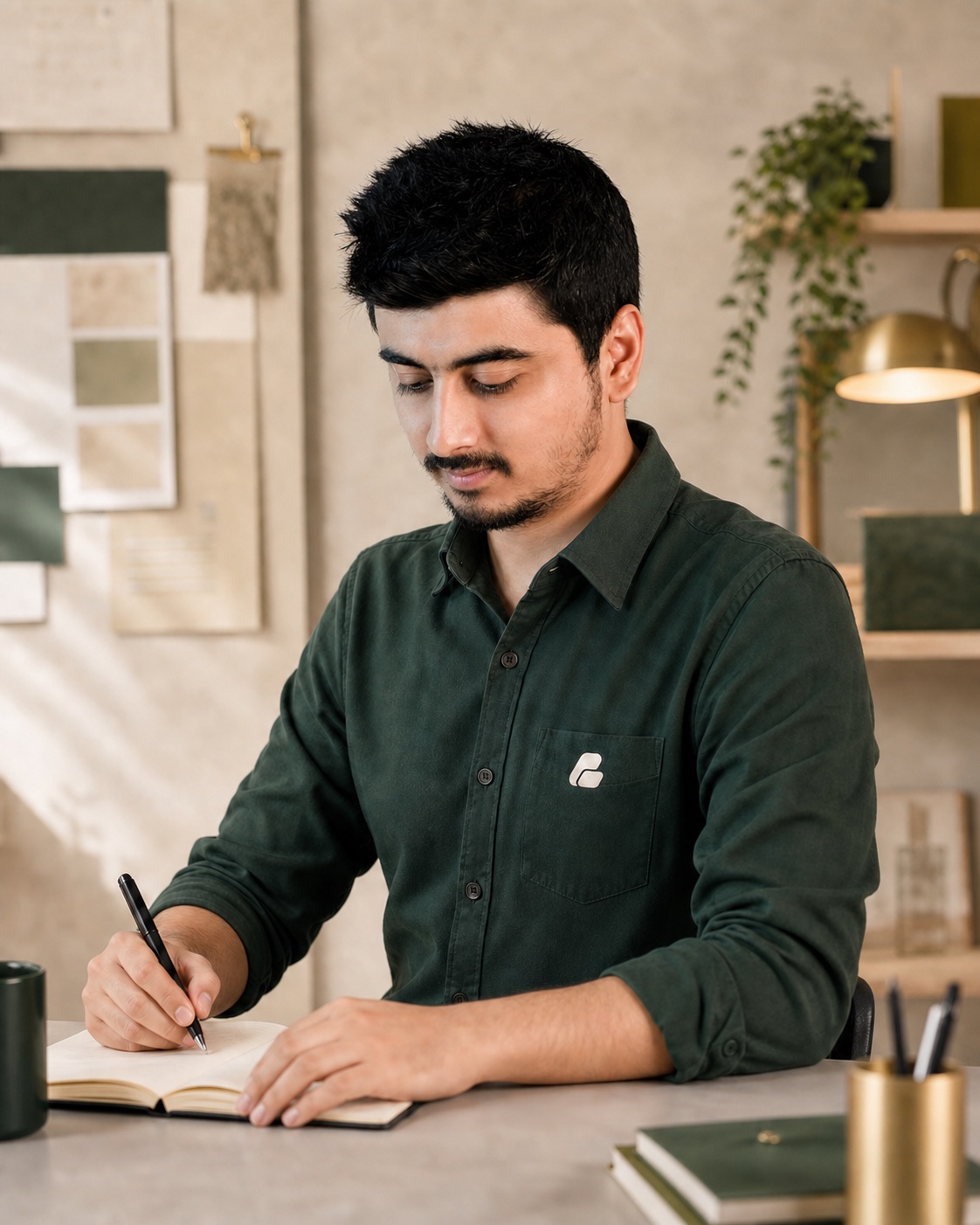 Official Swadhin Khan icon-সহ green shirt পরে notebook-এ কাজ করছেন Swadhin Khan