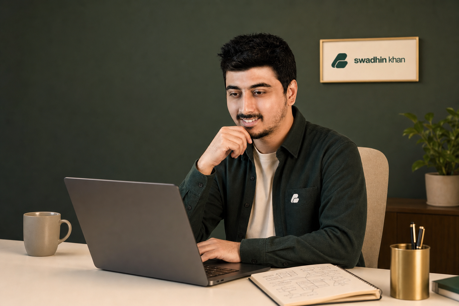 Swadhin Khan researching domain-name options at his laptop