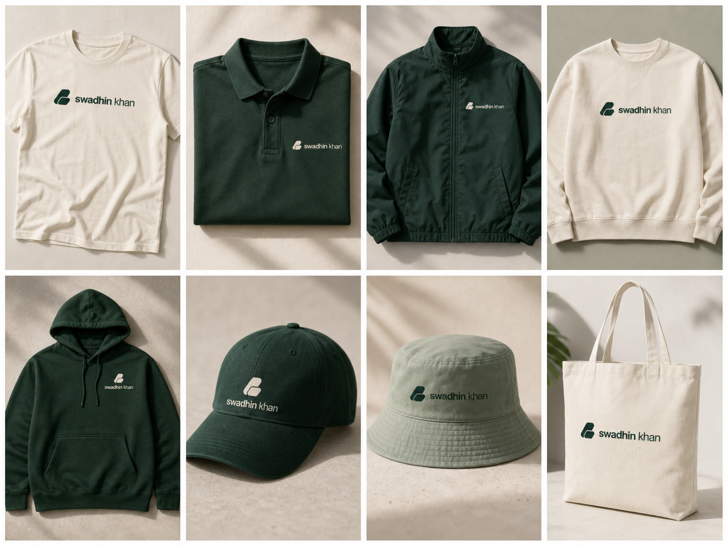 Swadhin Khan brand logo সহ T-shirt, polo shirt, jacket, sweater, hoodie, cap, hat এবং tote bag mockup board