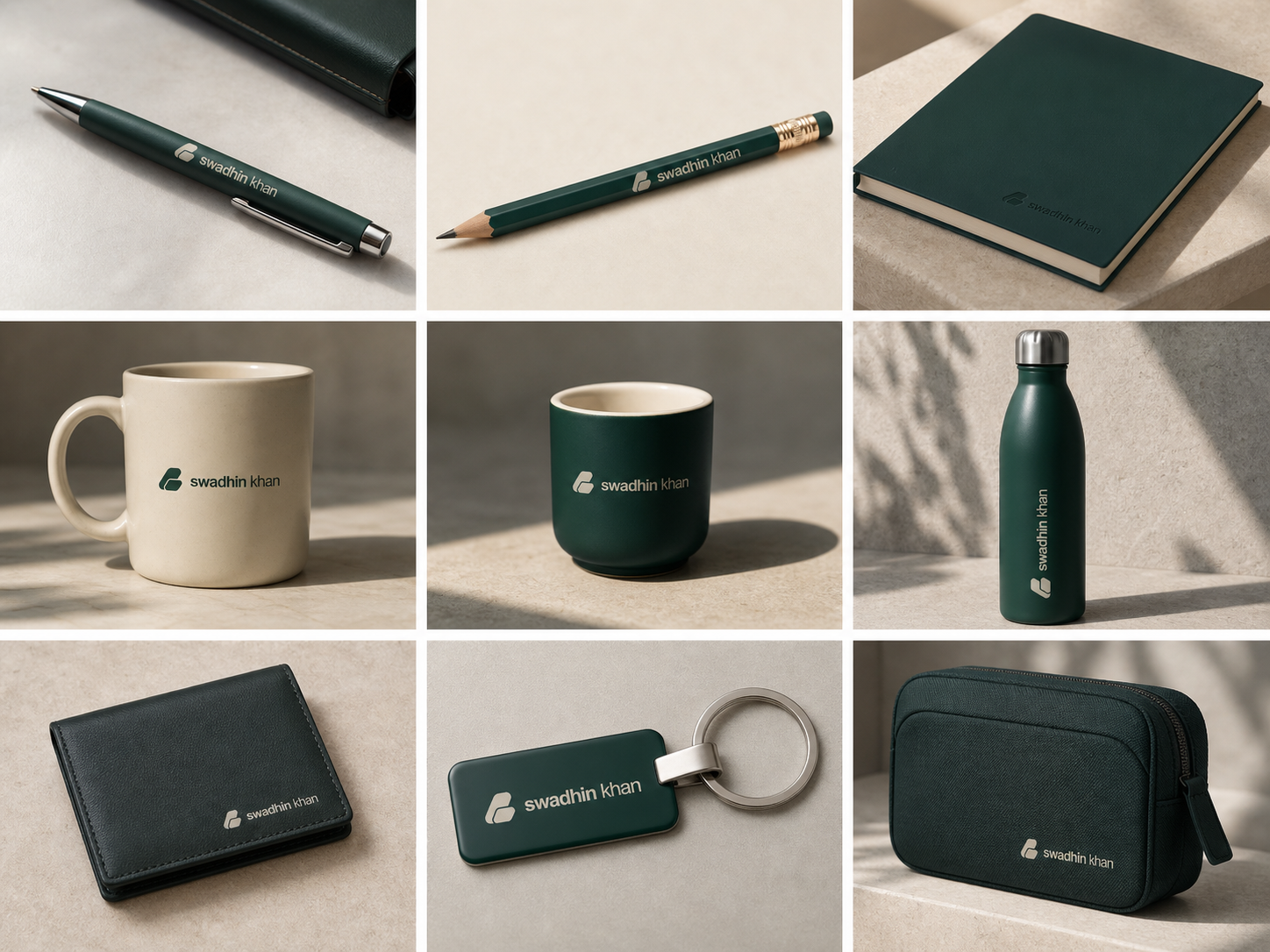 Swadhin Khan logo সহ pen, pencil, pad, mug, cup, bottle, wallet, keychain ও carry pouch mockup