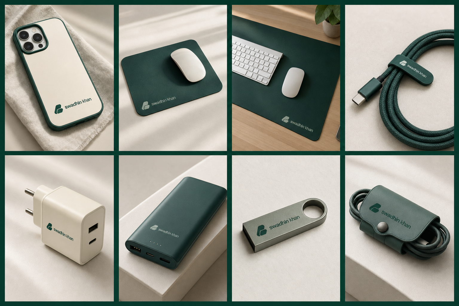 Swadhin Khan brand logo সহ phone case, mouse pad, mouse mat, cable, charger, power bank, pendrive ও cable organizer mockup