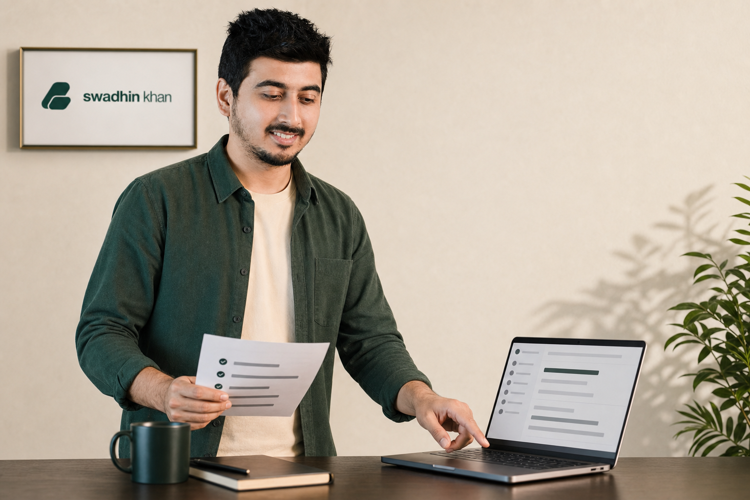 Swadhin Khan reviewing an outbound campaign workflow at his laptop