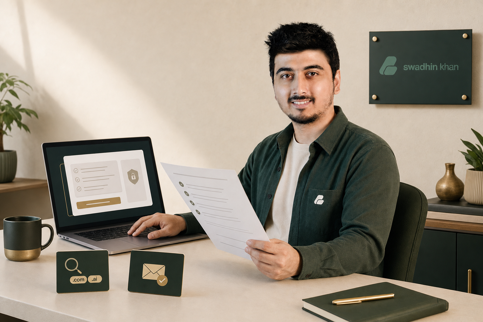 Swadhin Khan reviewing service scope beside a secure checkout summary