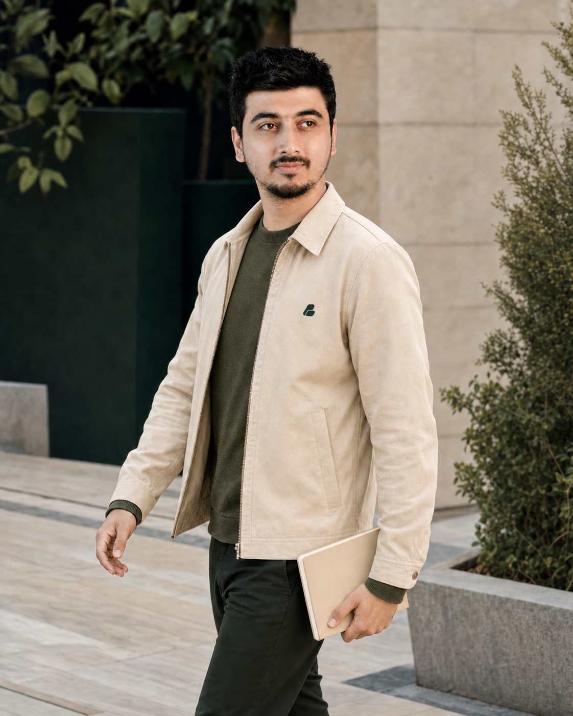 Official Swadhin Khan icon-সহ cream jacket ও moss sweater পরা Swadhin Khan-এর candid portrait