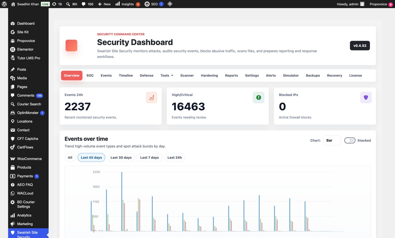 Swairish Site Security with SOC overview dashboard showing event summary, security mode, and recent events.