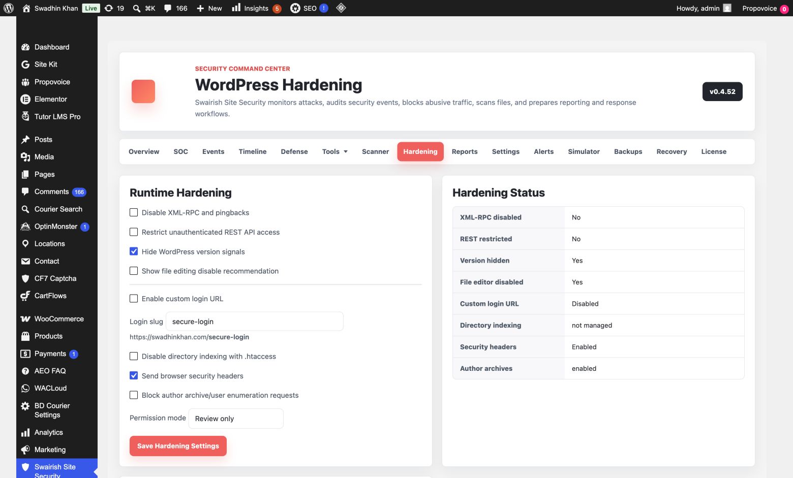 Swairish Site Security with SOC hardening controls for login URL, endpoint settings, indexing, headers, and permissions.