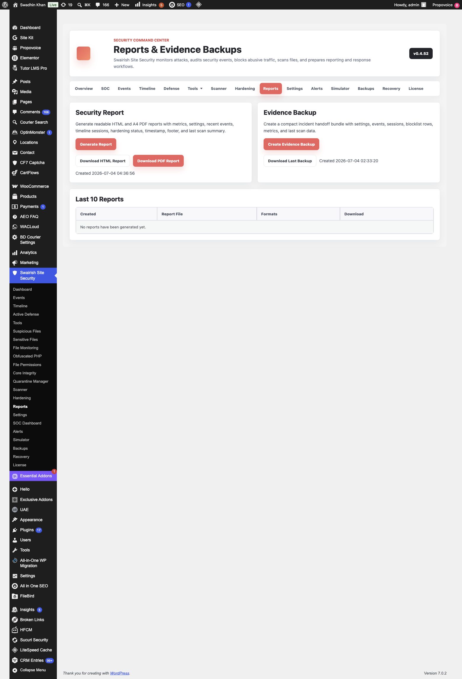 Swairish Site Security reports and evidence page with controls for generating reports, downloading files, and creating evidence backups.