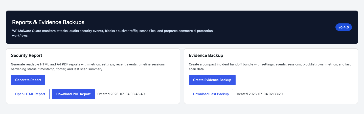WP Malware Guard reports and evidence backup screen