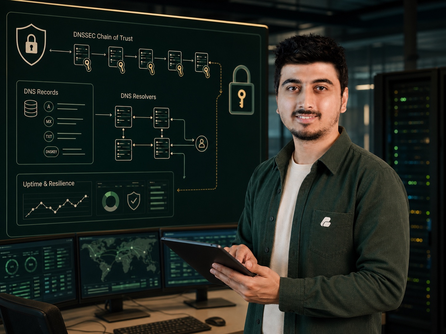 DNSSEC chain of trust, DNS records, resolver nodes and registry uptime monitoring review করছেন Swadhin Khan